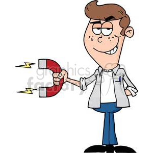 The clipart image depicts a cartoon of a teenage boy holding a large red horseshoe magnet. The magnet is active, as indicated by two yellow lightning bolts emerging from its poles. The boy has a smirk on his face, suggesting he's up to something playful or mischievous. He's dressed casually with a white buttoned shirt that has a pen in its pocket, blue jeans, and black shoes.