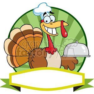 3513-Turkey-Chef-Serving-A-Platter-Over-A-Circle-And-Blank-Green-Banner