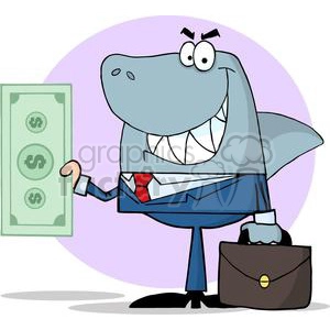 The clipart image features an anthropomorphic shark dressed in business attire, complete with a suit, tie, and briefcase, suggesting a corporate setting. The shark has a large, toothy grin and is leaning against a large dollar bill. The overall theme of the image invokes a sense of cunning or deception, often used allegorically to represent aggressive business tactics or sneaky behavior in corporate environments.