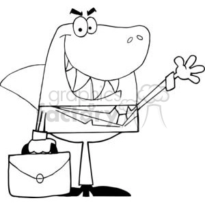 The clipart image depicts an anthropomorphic shark dressed in business attire – wearing what appears to be a tie and carrying a briefcase. The shark has a big, open mouth full of sharp teeth, and it is waving its hand as if greeting someone or gesturing during a presentation. The shark's expression seems to be confident or cheerful.