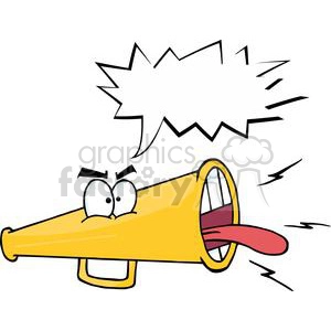 The clipart image shows an anthropomorphic megaphone character. It has a pair of cartoonish eyes and a mouth with its tongue sticking out. The megaphone is depicted in the middle of shouting or making a loud noise, as illustrated by the blank speech bubble and the lines around the megaphone indicating it's vibrating or producing sound.