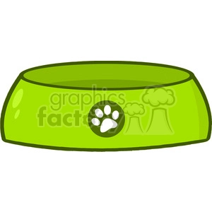 The image shows a simple drawing of a green dog bowl. It has a paw print design in the center on one side, and it's styled in a bright, cartoony fashion.