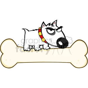 The clipart image depicts a comical angry white dog with a black spot around its eye, standing over a massive bone. The dog has a stern, protective expression and is wearing a red collar with yellow studs. The oversized bone suggests an element of humor.