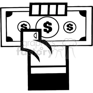 The clipart image shows a cartoon hand holding a stack of dollars in black-and-white. The image is comical in style, with exaggerated features on the hand and the dollar bills.
