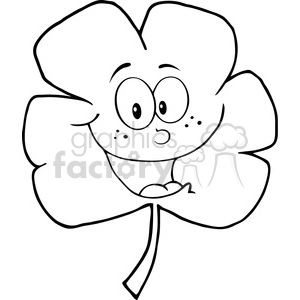 The image is a black and white clipart featuring a cartoon drawing of a four-leaf clover with an anthropomorphic face. The clover has two big, expressive eyes, a happy smile, and blushed cheeks, which gives it a cute and friendly appearance. The stem of the clover is drawn with a simple line, and the overall style of the drawing is playful and whimsical, likely designed to invoke a sense of fun in relation to St. Patrick's Day celebrations.