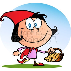 The clipart image features a comically stylized version of the Little Red Riding Hood character. She is depicted with big, exaggerated blue eyes, rosy cheeks, and a playful, happy expression. She wears a red hood, a pink dress with a red ribbon at the front, white socks, and yellow shoes with red soles. In her hand, she holds a woven basket that appears to contain a yellow blanket or cloth. The background is a simple blue gradient, possibly representing the sky, and she is standing on a green patch which could be indicative of grass, pointing to an outdoor setting.