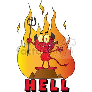 The clipart image depicts a caricature of a red devil character standing on a rocky outcrop with flames surrounding it. The devil has horns, a tail, and is holding a trident. It's also smiling and has exaggerated facial features like large eyes. At the bottom of the image, the word HELL is written in bold red and black letters.