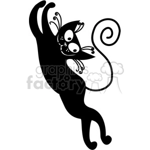 The image depicts a stylized, silhouette illustration of a black cat with white accents for eyes, nose, and other facial details. The cat has a whimsical design with curled motifs on its tail and back, as well as playful facial features.