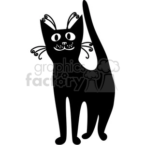 The clipart image features a whimsical black cat with stylized features including prominent eyes, a decorative face with swirl patterns on its cheeks, and curly cues on the tips of its ears and tail. The cat is depicted in a standing position and appears playful and friendly.