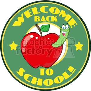 4949-Clipart-Illustration-of-Happy-Worm-In-Red-Apple-Over-Sticker-With-Text-Back-To-School