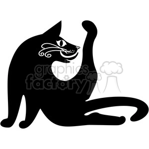 The image depicts a stylized, black and white silhouette of a cat. The cat appears to be sitting and engaging in a common feline grooming behavior, lifting its back leg to clean itself.