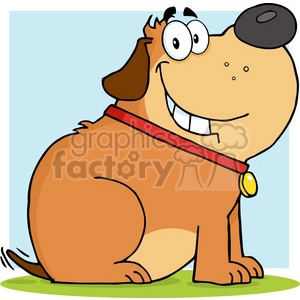The image is a cartoon clipart of a funny and comical-looking brown dog, with a large grin, big eyes, and one eyebrow raised, giving it a humorous expression. The dog wears a red collar with a yellow tag.
