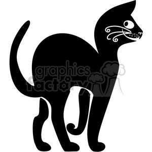 The clipart image shows a stylized black cat with white accents for its facial features and whiskers. The cat is standing with its tail curled upward.