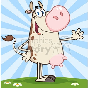 The clipart image features a cartoon cow with a playful and comical expression. The cow is standing on a grassy landscape with a few flowers,  and waving a greeting or making a friendly gesture with its right hand. The cow has large, exaggerated eyes, nose, spots on its body, and a swishing tail. In the background, there is a radial blue and white pattern that gives a lively and vibrant backdrop to the scene.
