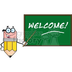 5883 Royalty Free Clip Art Smiling Pencil Teacher Character With A Pointer In Front Of Chalkboard
