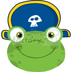 The image depicts a whimsical cartoon representation of a frog wearing a pirate's hat. The frog has a cheerful and slightly mischievous expression, with large, bulging, cartoonish eyes—one appearing slightly larger than the other for comedic effect. The frog's skin is green with darker green spots, typical of a frog's texture. The pirate hat is blue with a yellow trim, and features a classic skull and crossbones symbol in the center, suggesting the frog is playing the role of a pirate.