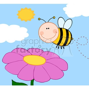 5597 Royalty Free Clip Art Smiling Bumble Bee Flying Over Flower