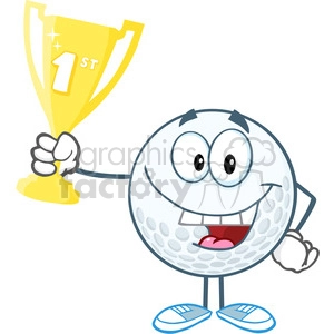 5736 Royalty Free Clip Art Happy Golf Ball Holding First Prize Trophy Cup