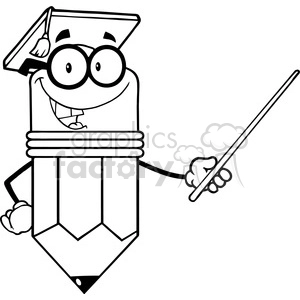 5897 Royalty Free Clip Art Smiling Pencil Teacher With Graduate Hat Holding A Pointer