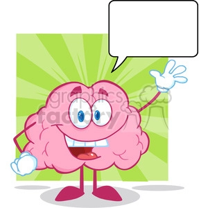 This clipart image features an anthropomorphized pink brain with a happy expression, standing on two legs, and waving with one hand. The brain has big, blue eyes, white gloves, and shoes. Above the brain, there is an empty white speech bubble. The background is a simple radial gradient going from light to darker green. 