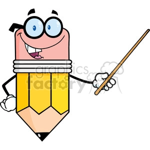 5880 Royalty Free Clip Art Smiling Pencil Teacher Cartoon Character Holding A Pointer