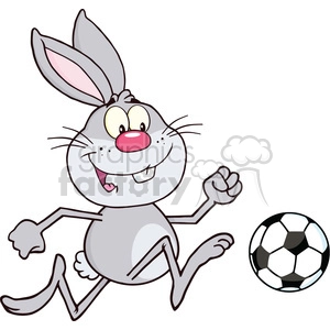 Royalty Free RF Clipart Illustration Cute Gray Rabbit Cartoon Character Playing With Soccer Ball