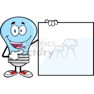 6017 Royalty Free Clip Art Blue Light Bulb Cartoon Mascot Character Showing A Blank Sign