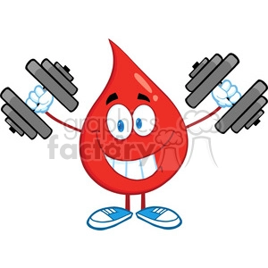 6180 Royalty Free Clip Art Smiling Red Blood Drop Character Training With Dumbbells