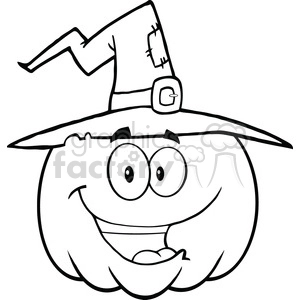 6643 Royalty Free Clip Art Back And White Happy Halloween Pumpkin With A Witch Hat Cartoon Mascot Illustration