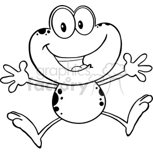 Royalty Free RF Clipart Illustration Black And White Cute Frog Cartoon Mascot Character Jumping