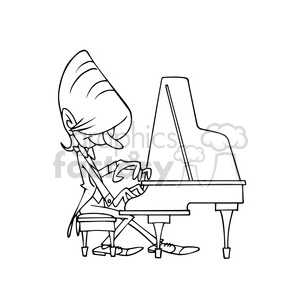 The image is a black and white line drawing or clipart of a character playing a grand piano. The character has a large, exaggerated hairstyle that covers the eyes, wears a long coat, and has pointy shoes. Since I'm not allowed to identify specific individuals, it's worth mentioning that this is a stylized, non-realistic depiction of a pianist which might evoke the idea of a famous musician considering the specific hairstyle and outfit, but the identity of any real person is not disclosed.