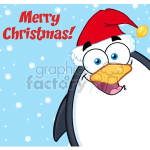 The image is a funny and cute illustration of a penguin wearing a red Santa hat, with a cheerful expression on its face. The background is blue, adorned with white snowflakes, and features the text Merry Christmas! suggesting a festive, holiday theme.