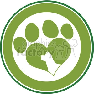 Royalty Free RF Clipart Illustration Love Paw Print Green Circle Banner Design With Dog Head Silhouette