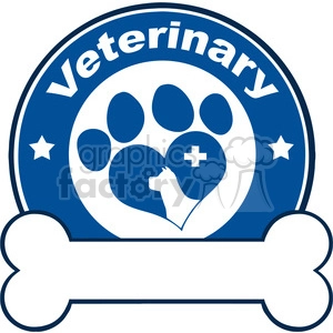 The clipart image features a stylized blue and white veterinary logo. It includes a large paw print with a heart shape at its center. Inside the heart, there is a smaller silhouette of a dog's head and two medical crosses to symbolize health or medical care. Surrounding the paw print, there are stars that add decorative elements to the logo. The bottom part of the image has a bone shape, which commonly represents dogs. The word Veterinary is prominently displayed at the top of the logo.
