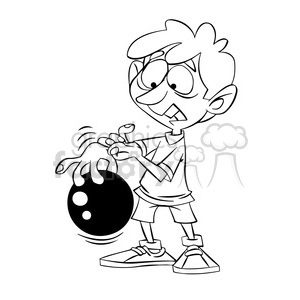 cartoon kid bowling with ball stuck on fingers black and white