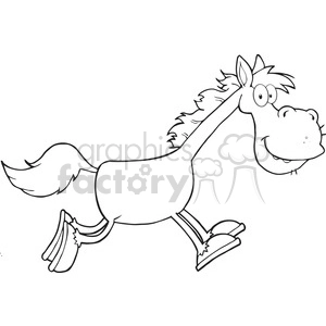 The image shows a cartoonish line drawing of a horse. The horse appears to be in a playful or running pose, with a big smile and lively eyes, adding a sense of humor or excitement to the illustration. It's not colored in, suggesting it might be designed for coloring activities.