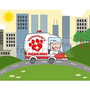 In the clipart image, there is a whimsical depiction of a veterinary ambulance with a cheerful animal, specifically a cartoon pig, dressed as a doctor or veterinarian, driving the ambulance. The scene is set against an urban backdrop with buildings and trees under a sunny sky. The ambulance itself is adorned with a red cross and a paw print design, indicating its purpose for animal care. There are also flowers and grass in the foreground, establishing a lively and pleasant setting.