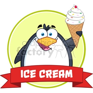 The clipart image features a cartoon penguin with a joyful expression, holding an ice cream cone. The ice cream has multiple colors suggestive of sprinkles and a cherry on top. The background is a lime-green circle with a white edge, and there's a red banner with the words ICE CREAM across it in white lettering.