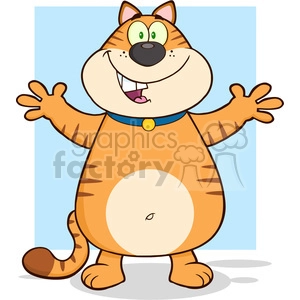 This clipart image features a cartoon cat standing upright. The cat appears cheerful and is smiling, with its arms stretched out to the sides as if ready for a hug. It has large green eyes, a playful expression, and wears a blue collar with a yellow bell. The cat has typical feline characteristics such as striped fur, pointy ears, a tail, and whiskers, but it's anthropomorphized to stand and gesture like a human.