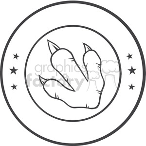 The clipart image shows a stylized paw print that resembles a raptor footprint, enclosed within a circular border with small star shapes around the print. The paw print has three toes with sharp claw-like tips pointing upwards.