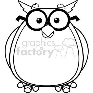 The image is a simple black and white line art of a cartoonish owl standing upright. The owl has large, circular eyes with pupils centered within, a small beak, and its feathers are styled to suggest a somewhat tousled or comical appearance. It appears to have a round body, with its wings partially visible along its sides, and its feet are small with visible toes.