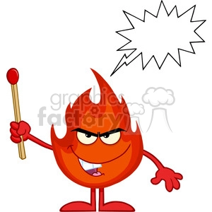 Royalty Free RF Clipart Illustration Evil Fire Cartoon Mascot Character Holding Up A Match Stick With Speech Bubble