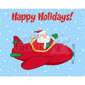 8204 Royalty Free RF Clipart Illustration Happy Holidays Greeting With Santa Claus Flying A Plane And Waving