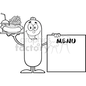 8493 Royalty Free RF Clipart Illustration Black And White Sausage Cartoon Character Carrying A Hot Dog, French Fries And Cola Next To Menu Board Vector Illustration Isolated On White