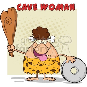 happy brunette cave woman cartoon mascot character holding a club and showing whell vector illustration with text cave woman