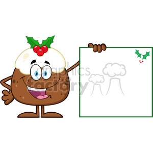 royalty free rf clipart illustration jolly christmas pudding cartoon character presenting a blank sign with a holly corner vector illustration isolated on white