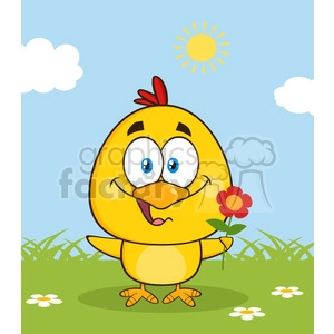 royalty free rf clipart illustration cute yellow chick cartoon character holding a flower vector illustration with bacground