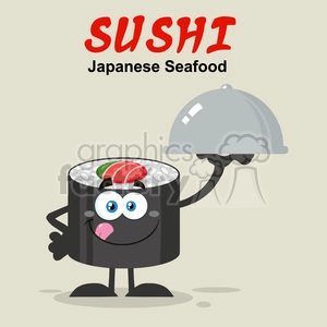 illustration sushi roll cartoon mascot character licking his lips and holding a cloche platter vector illustration flat style poster with background