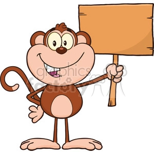 royalty free rf clipart illustration smiling monkey cartoon character holding up a blank wood sign vector illustration isolated on white