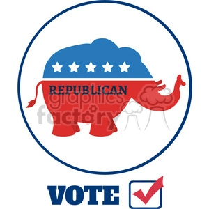 The clipart image displays a circular emblem with a stylized red elephant that represents the Republican party in the United States. Above the elephant, there is a blue field with white stars. The word REPUBLICAN is written across the elephant's body. Below the emblem, there is the word VOTE in bold blue letters, accompanied by a check mark in a box, indicating a call to vote.